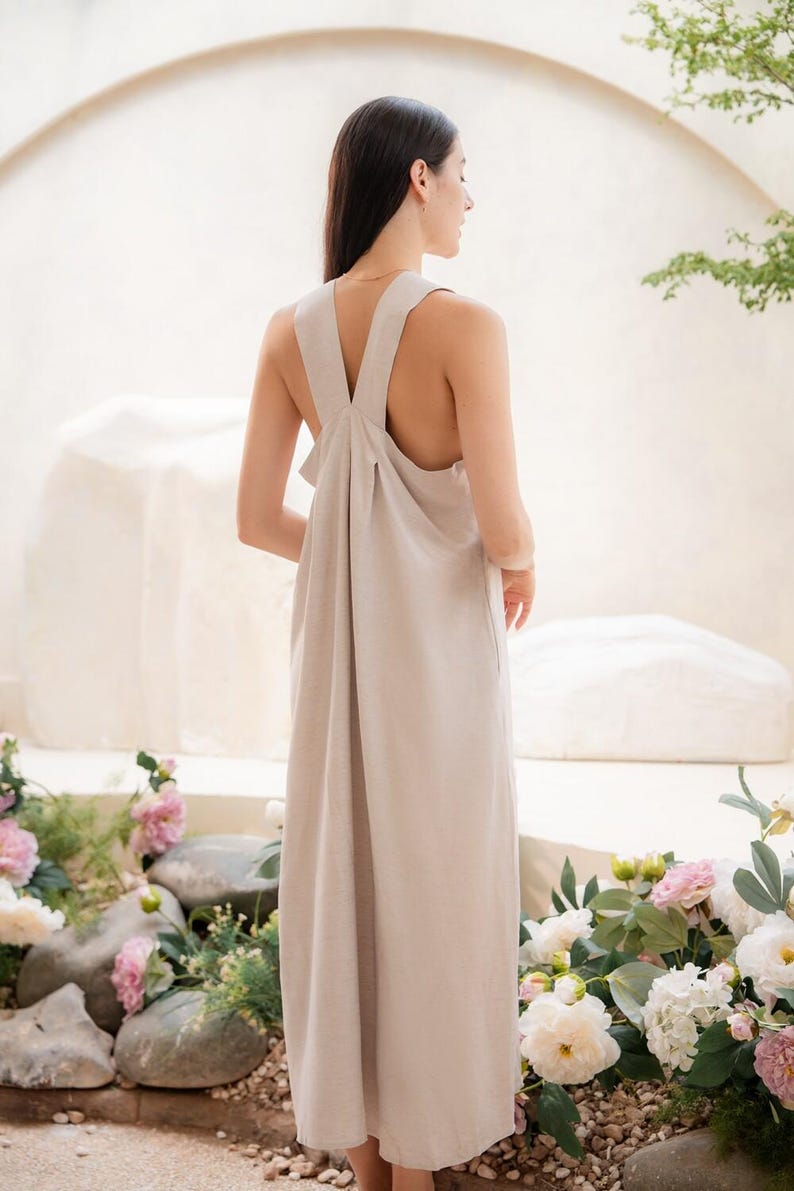 Women's Linen Dress, Loose Fitting Linen Maxi Dress, Minimalist Summer Dress, Origami Linen Dress