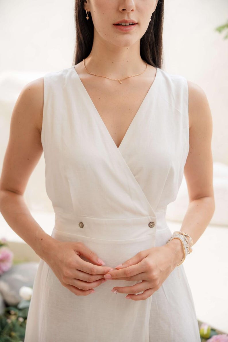 Linen Maxi Wrap Dress, Sleeveless Summer Dress, White Linen Gown, Boho Resort Dress, Minimalist Linen Outfit