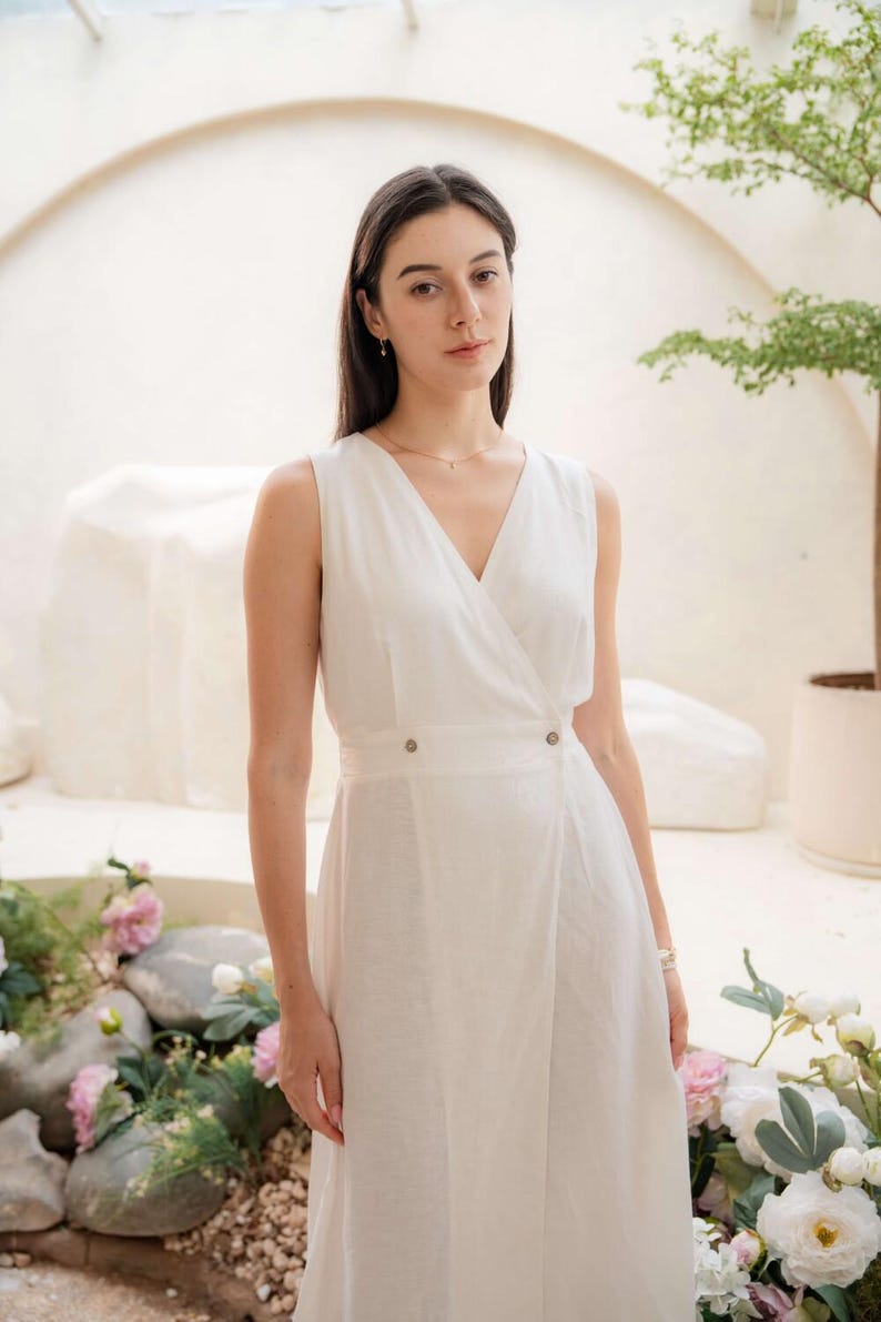 Linen Maxi Wrap Dress, Sleeveless Summer Dress, White Linen Gown, Boho Resort Dress, Minimalist Linen Outfit