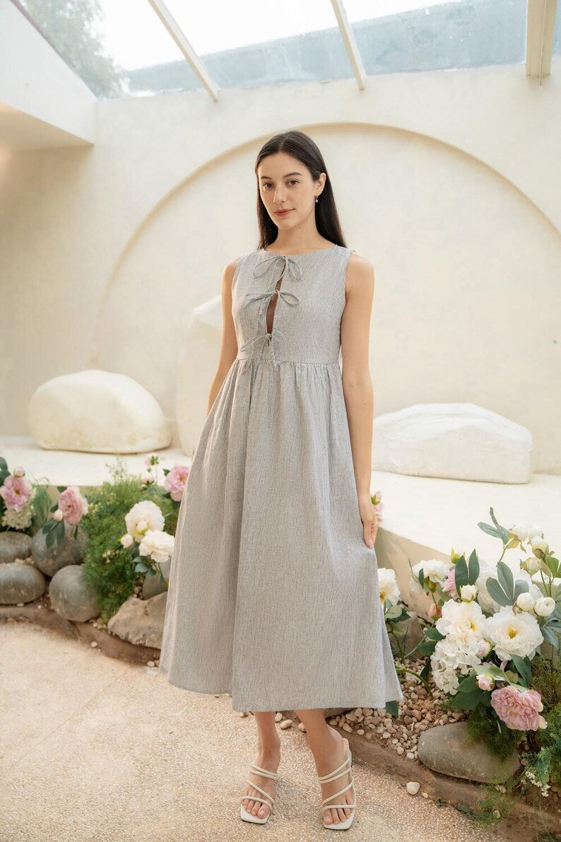 Sleeveless Linen Dress with Ties, Ruffled Skirt Linen Dress, Summer Linen Dress, Women’s Linen Clothing