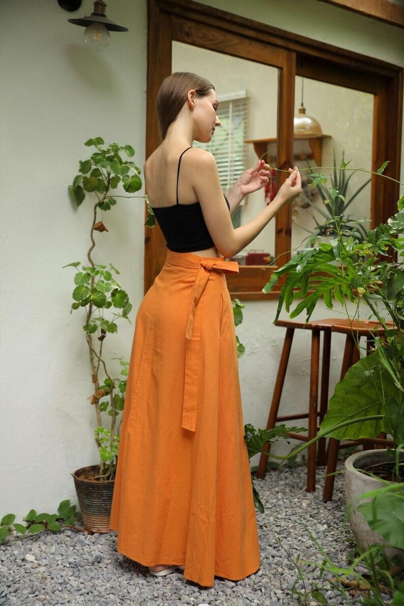 Wrap Linen Maxi Skirt with Pockets, Summer High Waist Skirt, Long Flowy Flax Skirt for Women