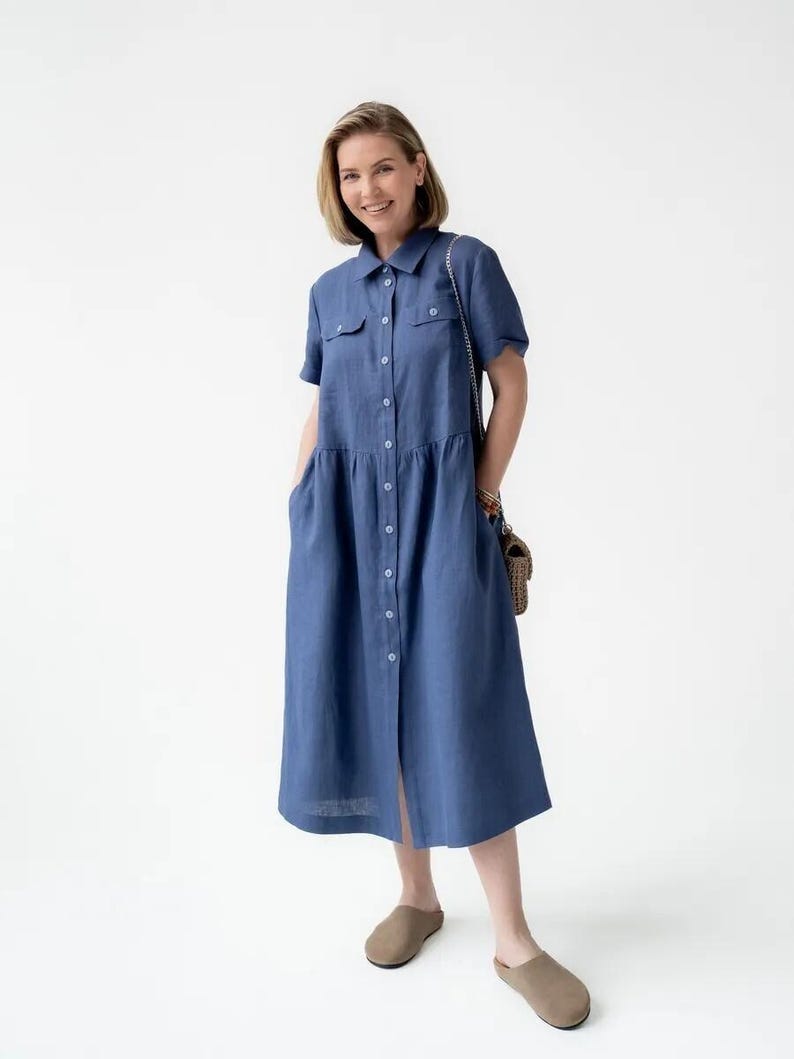 Linen Shirt Dress with Pockets, Casual Short Sleeve Dress, Summer Linen Dress for Women, Lightweight Breathable Linen Dress