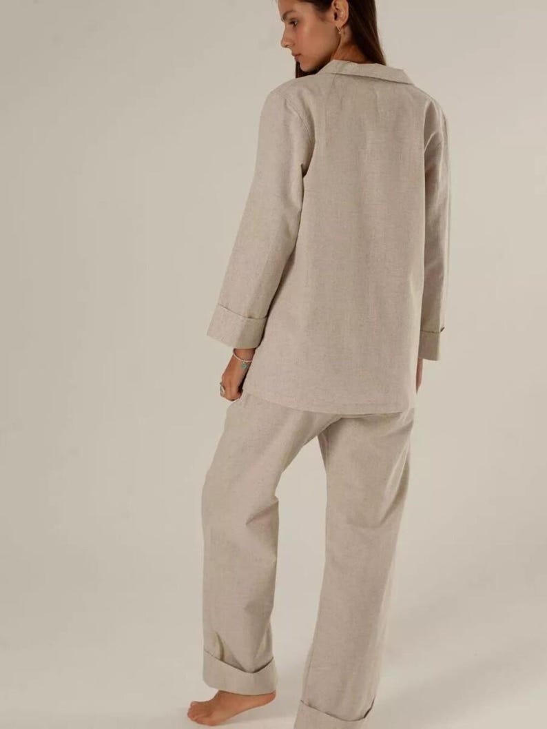 Linen Pajama Set with Long Sleeve Button Down Shirt and Wide Leg Pants, Minimalist Sleepwear Loungewear Outfit