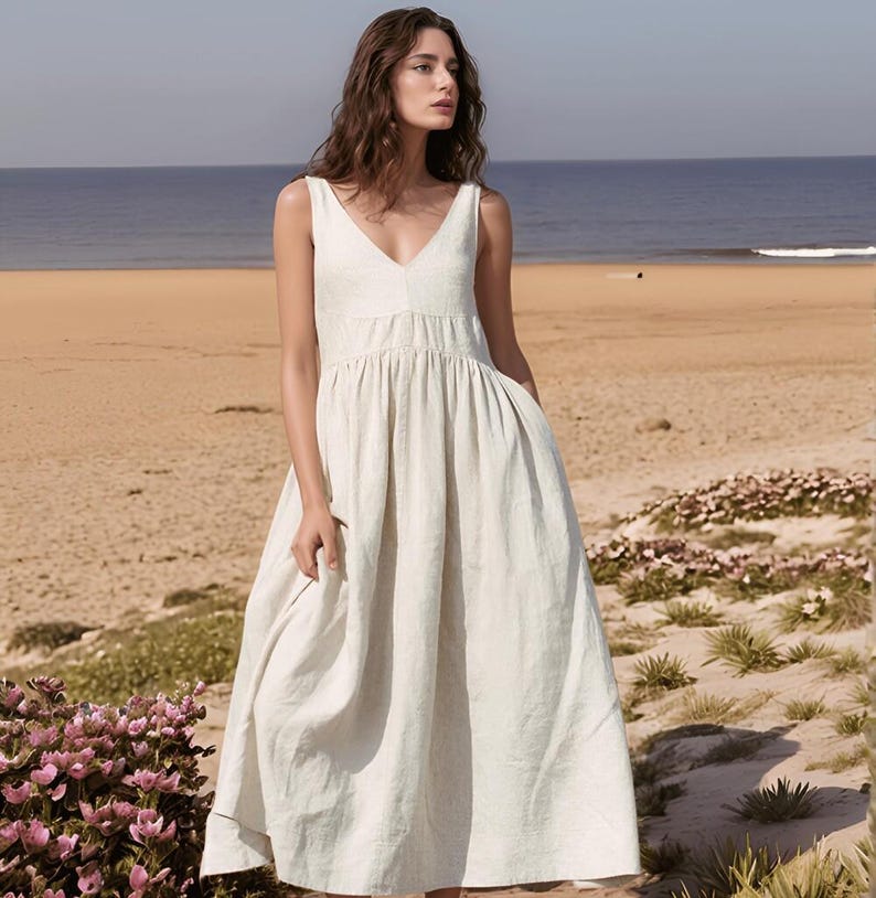 V Neck Linen Dress, Linen Midi Dress For Women, Minimalist Dress, Breathable Summer Outfit
