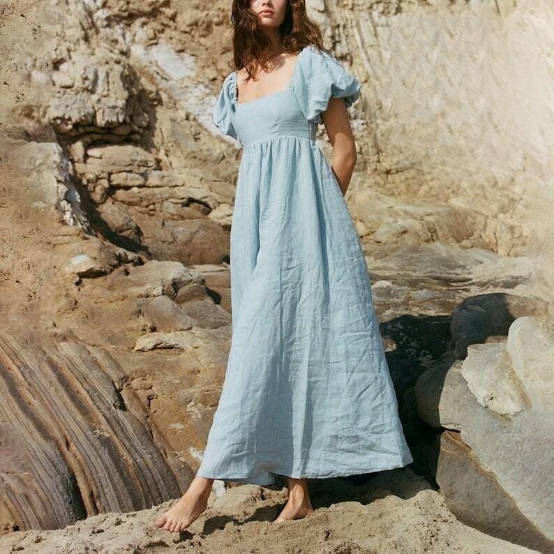 Puffy Linen Dress, Romantic Linen Dress, Women Maxi Dress, Long Linen Dress, Elegant Dress, Summer Beach Dress, Bridesmaid Dress,Loose Dress