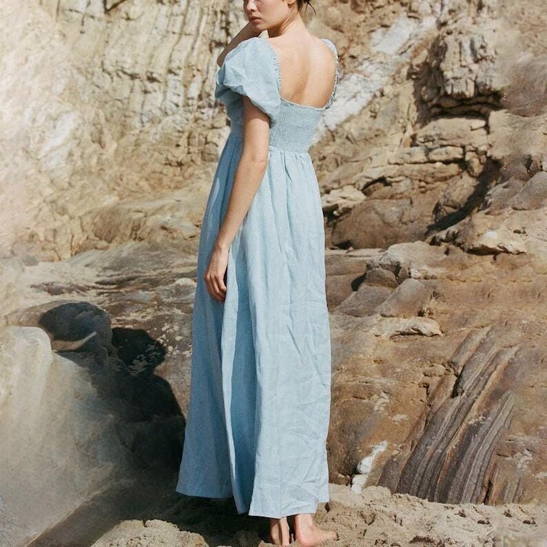Puffy Linen Dress, Romantic Linen Dress, Women Maxi Dress, Long Linen Dress, Elegant Dress, Summer Beach Dress, Bridesmaid Dress,Loose Dress