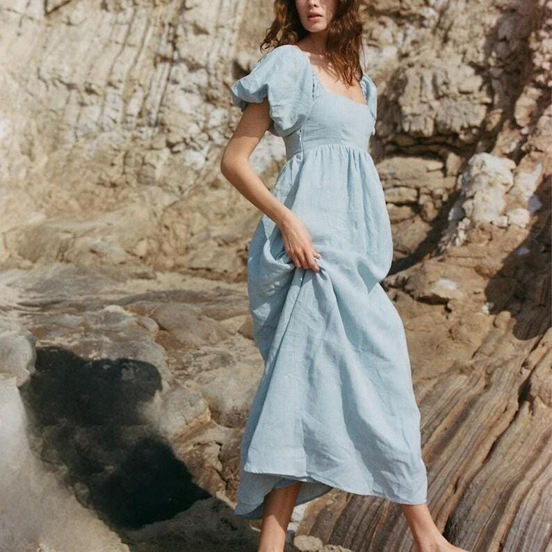 Puffy Linen Dress, Romantic Linen Dress, Women Maxi Dress, Long Linen Dress, Elegant Dress, Summer Beach Dress, Bridesmaid Dress,Loose Dress