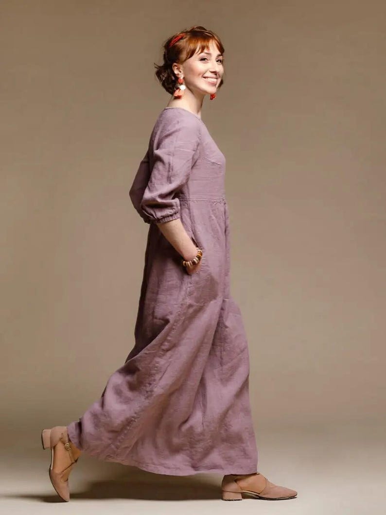 Classic Linen Dress with Long Sleeves, V neck and Pockets Dress, Perfect Maxi Dress for Everyday Wear