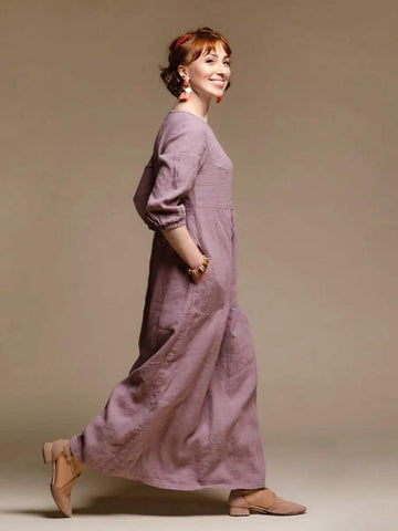 Classic Linen Dress with Long Sleeves, V neck and Pockets Dress, Perfect Maxi Dress for Everyday Wear