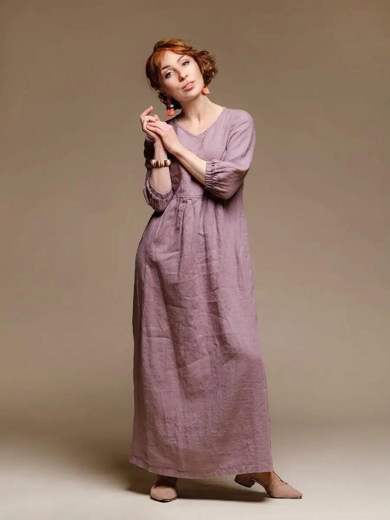 Classic Linen Dress with Long Sleeves, V neck and Pockets Dress, Perfect Maxi Dress for Everyday Wear