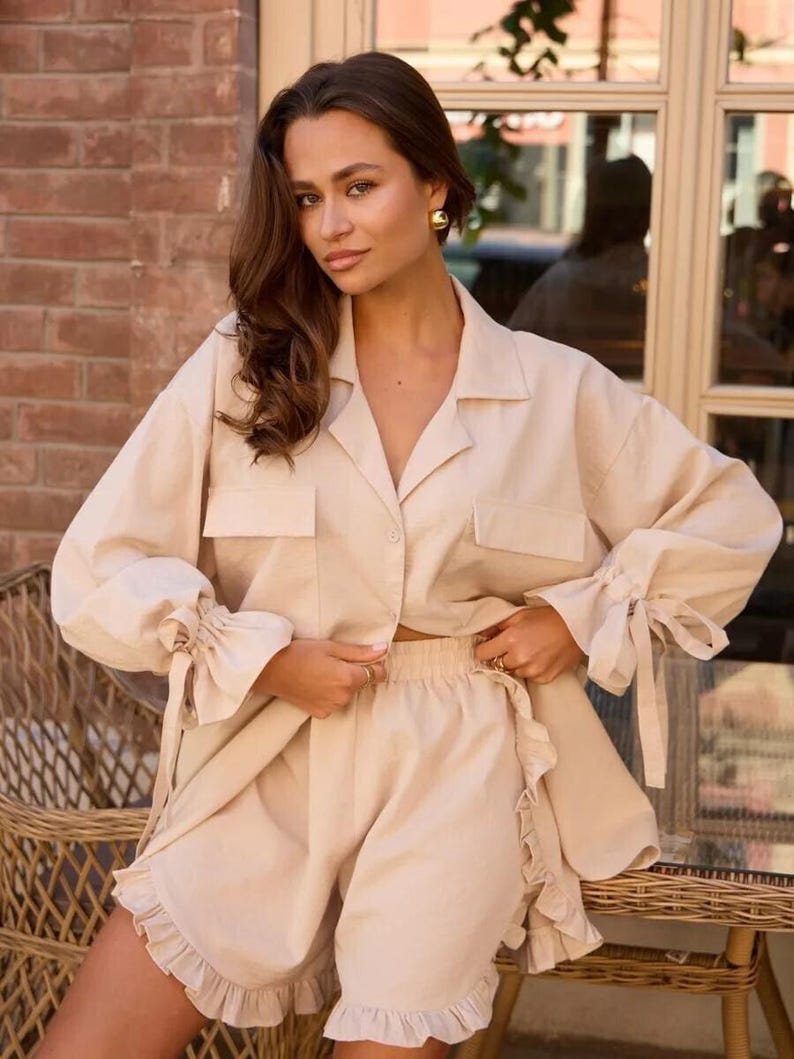 Linen Loungewear Set Women, Oversized Shirt and Ruffle Shorts, Honeymoon Sleepwear Outfit, Romantic Cottagecore Housewear, Bridesmaid Gift
