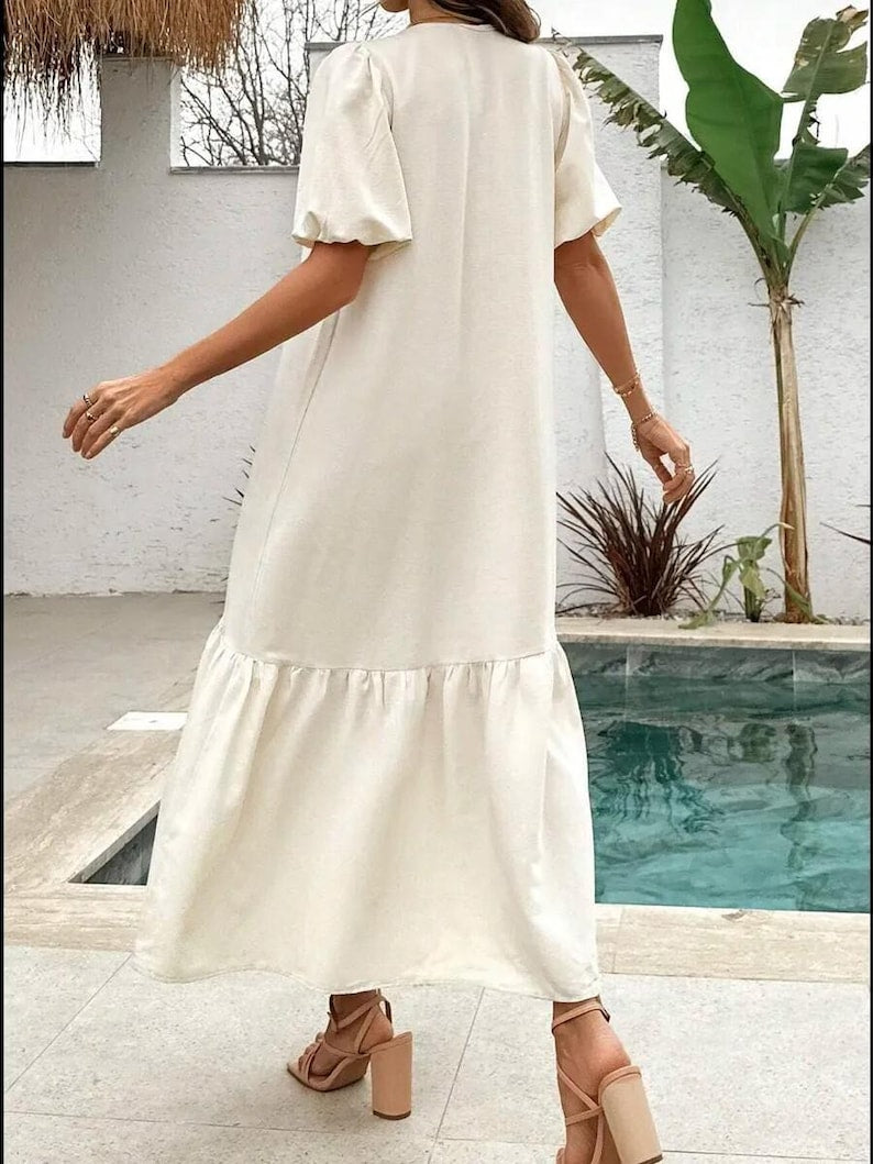 Linen Button Front Midi Dress, Puff Sleeve Summer Dress, Casual Linen Midi Dress, Tiered Hem Button Down Dress, Boho Linen Vacation Outfit