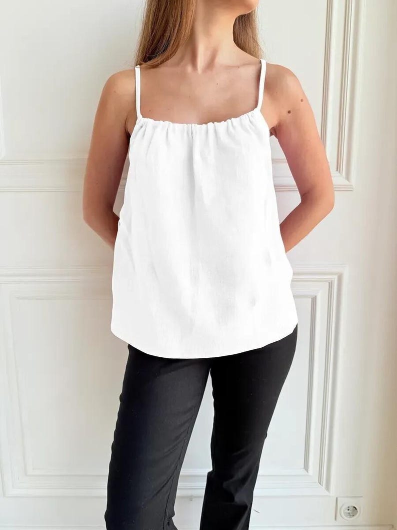 White Linen Cami Top, Adjustable Strap Tank Blouse, Minimalist Linen Loungewear, Casual Housewear Outfit