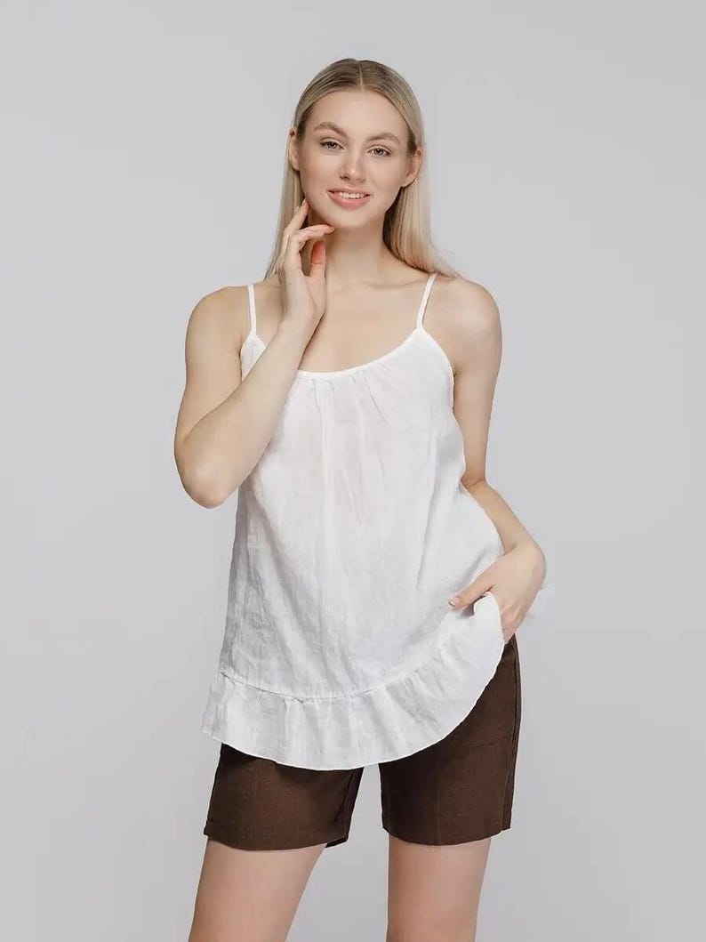 Linen Ruffle Hem Cami Top Women, Spaghetti Strap Longline Tank, Linen Loungewear, Comfortable Housewear Sleep Top