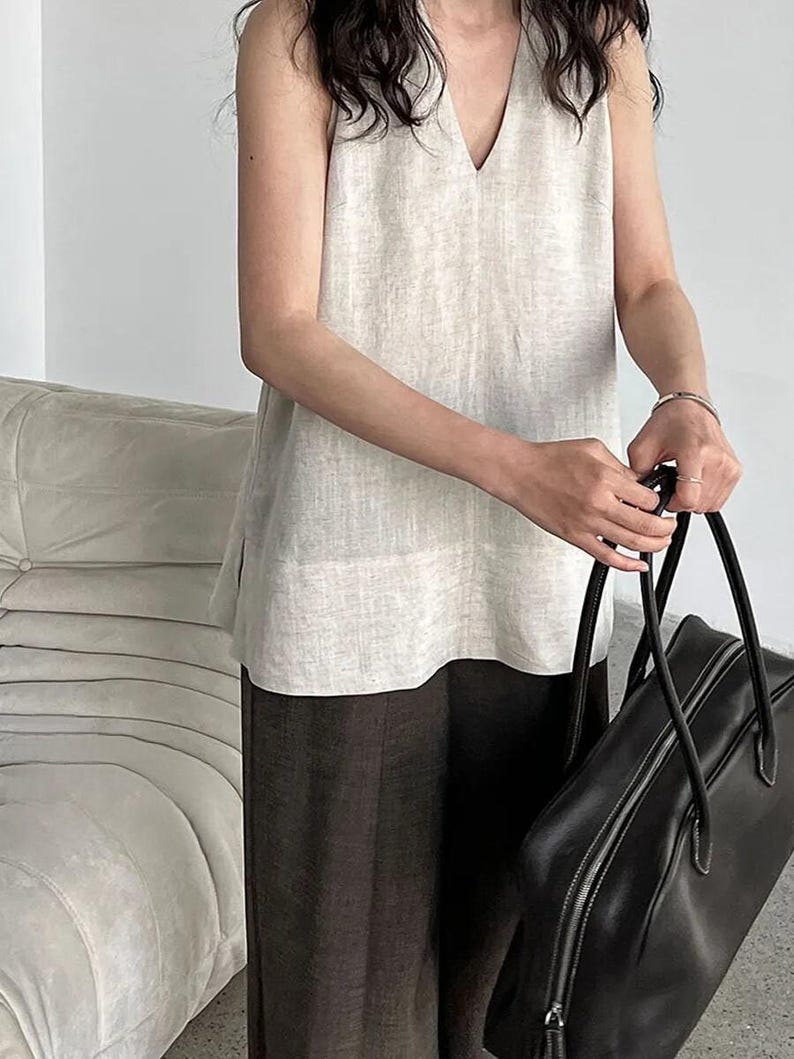 Linen Sleeveless Top, V Neck Longline Tank, Linen Tee, Minimalist Linen Loungewear, Comfortable Housewear Clothing