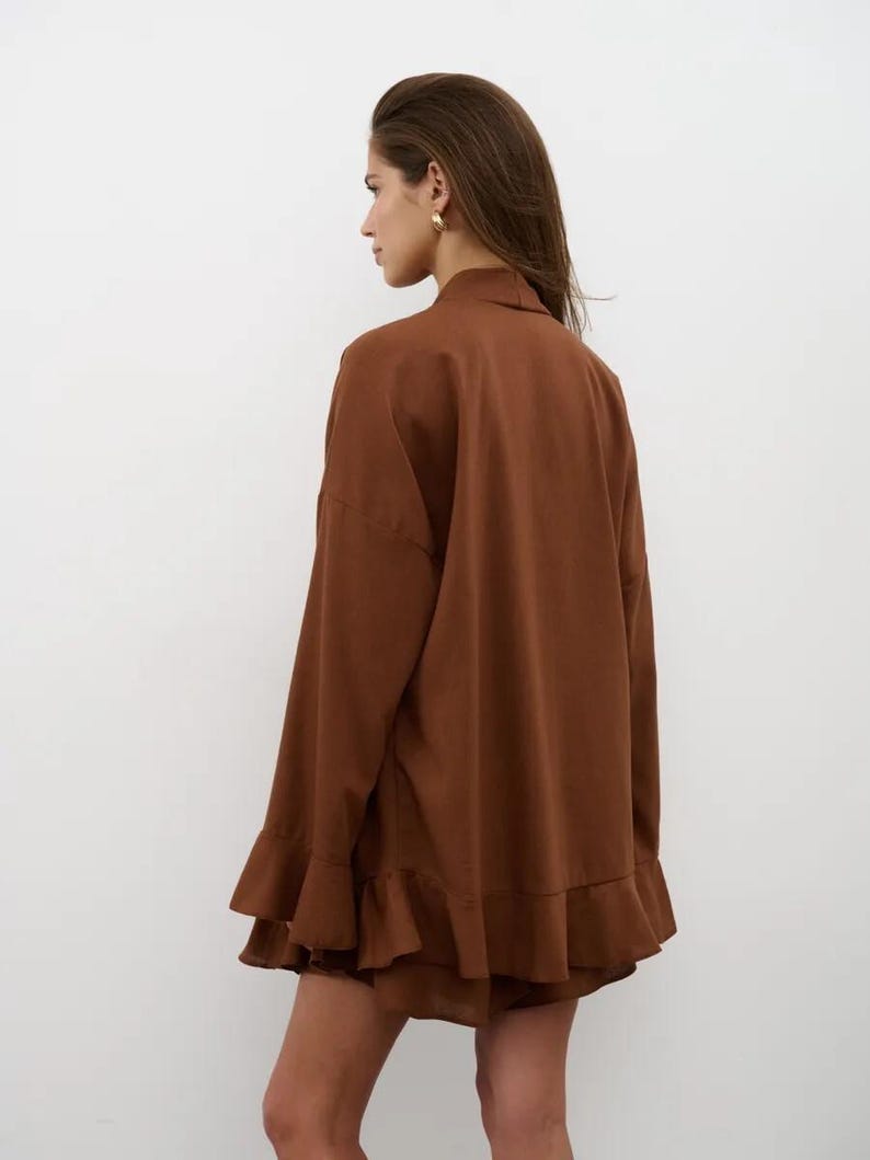 Linen Wrap Set, Ruffle Sleeve Linen Top and Shorts, Bridal Getting Ready Outfit, Loungewear Set