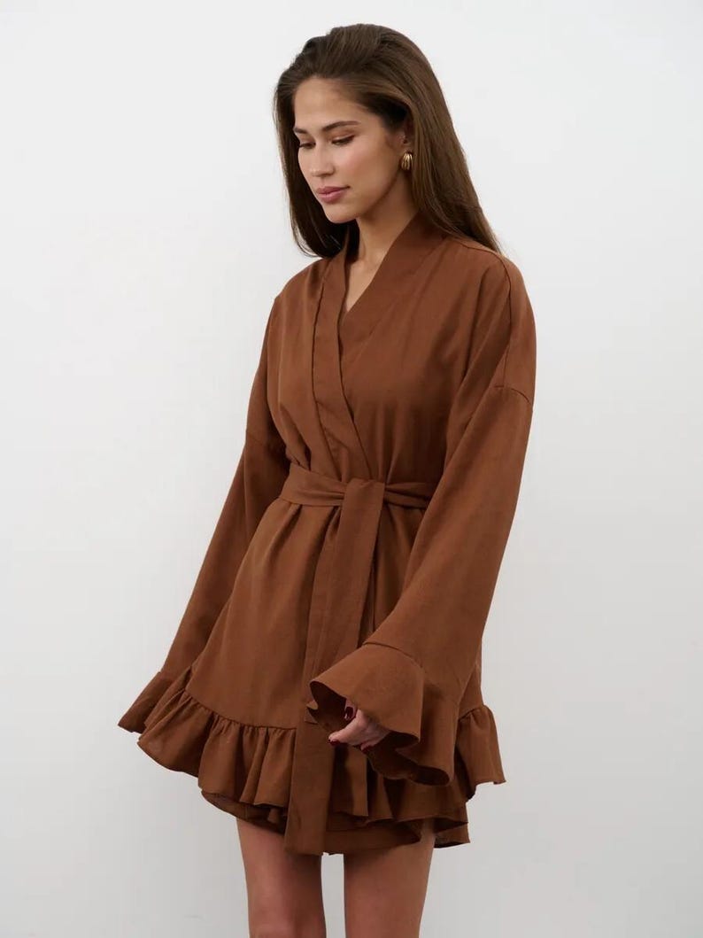 Linen Wrap Set, Ruffle Sleeve Linen Top and Shorts, Bridal Getting Ready Outfit, Loungewear Set