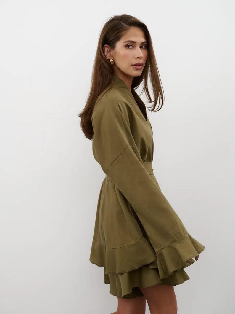 Linen Wrap Set, Ruffle Sleeve Linen Top and Shorts, Bridal Getting Ready Outfit, Loungewear Set