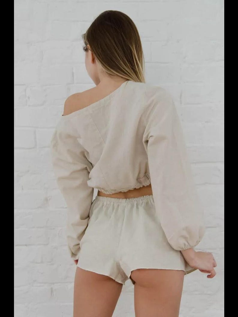 Linen Set Women, Long Sleeve V Neck Crop Top and Shorts, Linen Loungewear, Comfortable Housewear Pajama Outfit