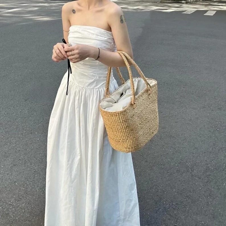 Sleeveless Bustier Linen Dress, Strapless Dress With Pocket, Elegant Women Dress, Bridesmaid Midi Dress, Long Summer Dress, Prom Party Dress