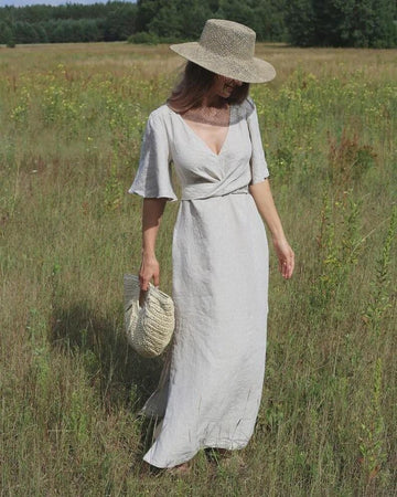 Maxi Wrap Linen Dress, V Neck Linen Dress, Soft Minimalist Summer Dress, Elegant Wedding Guest Outfit, Linen Dress