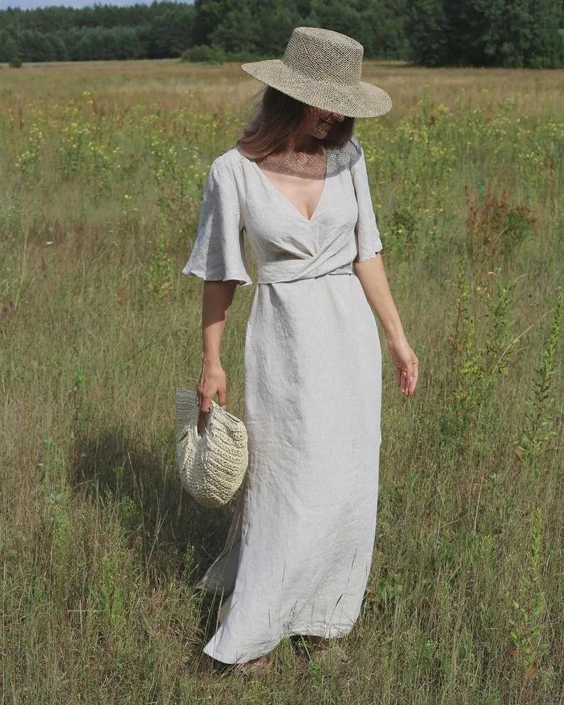Maxi Wrap Linen Dress, V Neck Linen Dress, Soft Minimalist Summer Dress, Elegant Wedding Guest Outfit, Linen Dress