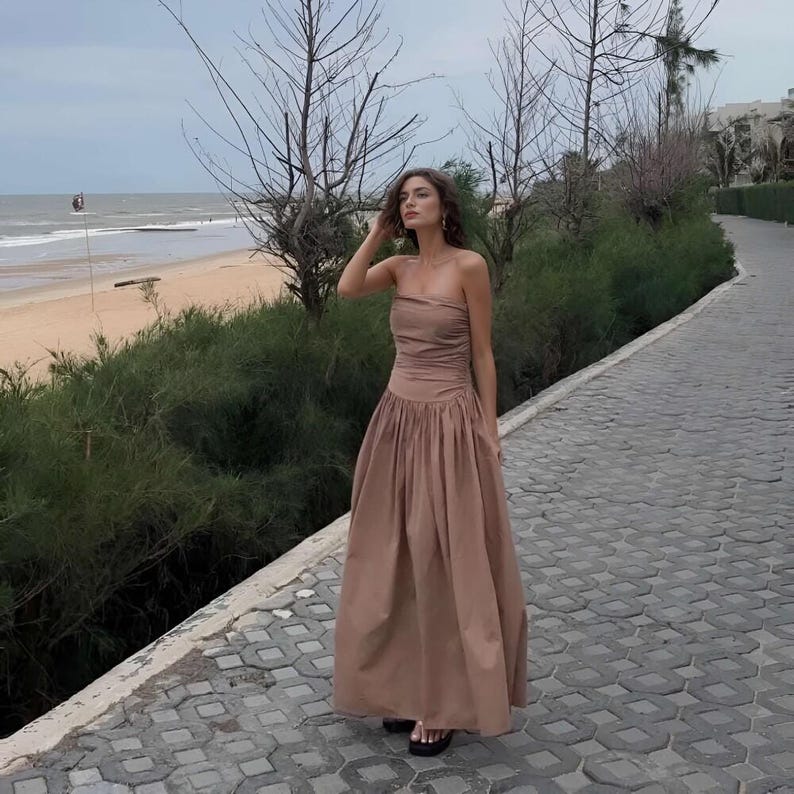Sleeveless Bustier Linen Dress, Strapless Dress With Pocket, Elegant Women Dress, Bridesmaid Midi Dress, Long Summer Dress, Prom Party Dress