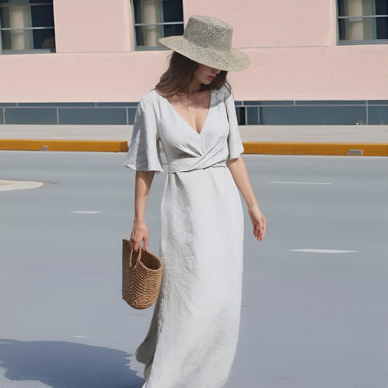 Maxi Wrap Linen Dress, V Neck Linen Dress, Soft Minimalist Summer Dress, Elegant Wedding Guest Outfit, Linen Dress