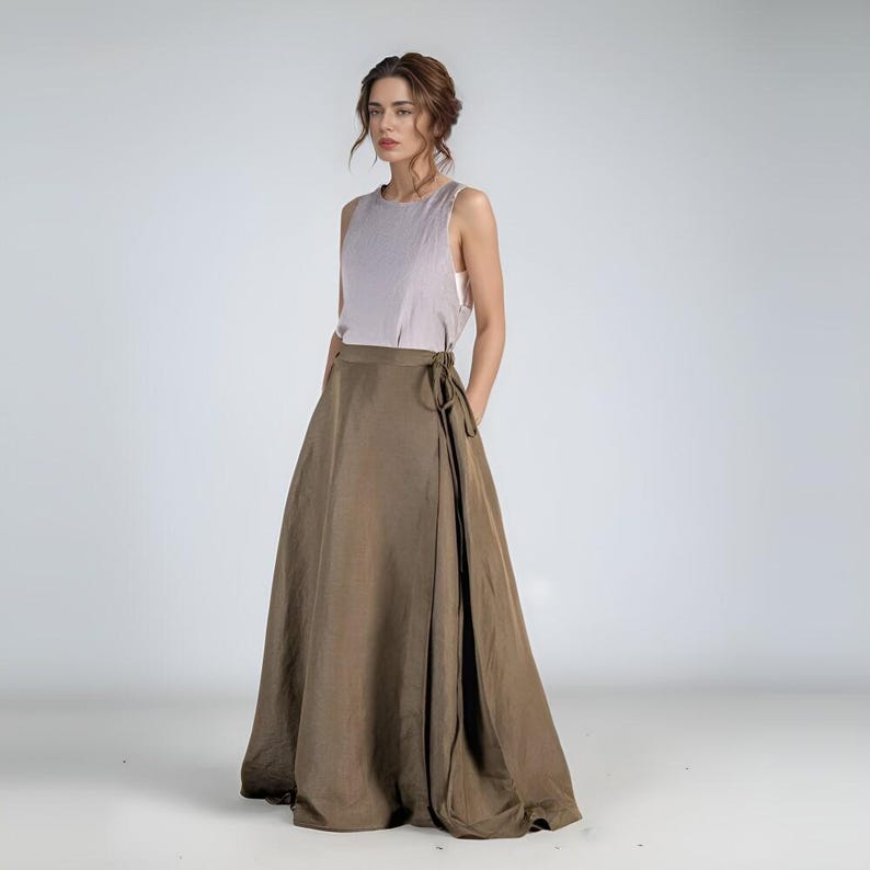 Khaki Linen Skirt, Maxi Skirt, Linen Wrap Skirt, Long Linen Skirt, Spring Skirt, High Waist Skirt, Long Linen Skirt