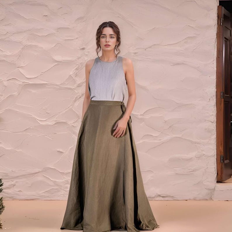 Khaki Linen Skirt, Maxi Skirt, Linen Wrap Skirt, Long Linen Skirt, Spring Skirt, High Waist Skirt, Long Linen Skirt