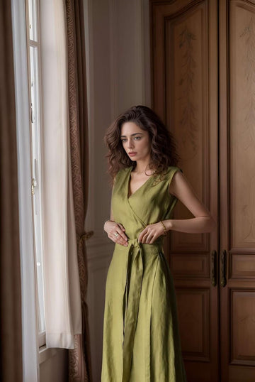 Sleeveless Linen Kaftan Wrap Dress, Fit and Flare Summer Maxi Dress, Flowy Linen Swing Dress for Women