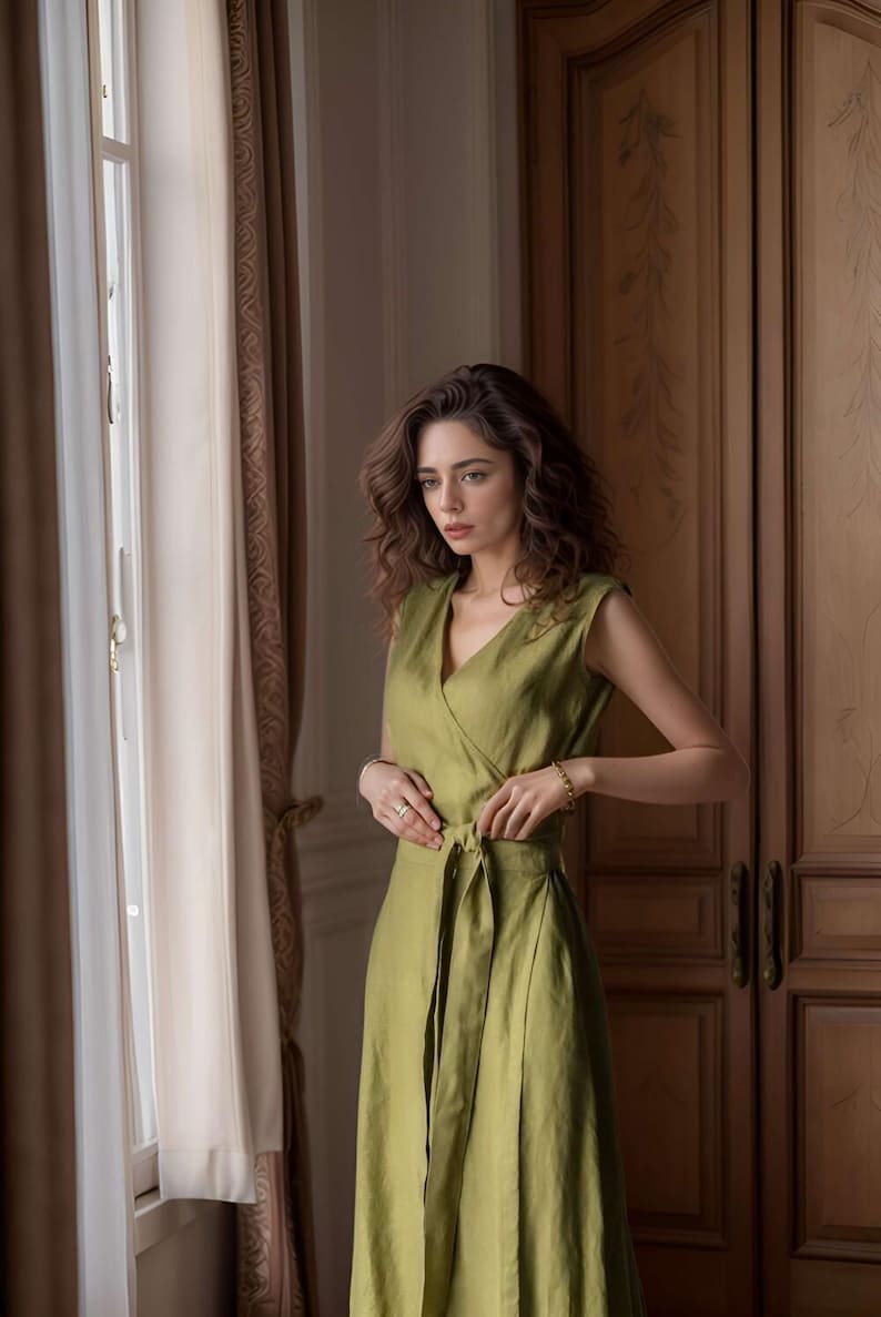 Sleeveless Linen Kaftan Wrap Dress, Fit and Flare Summer Maxi Dress, Flowy Linen Swing Dress for Women