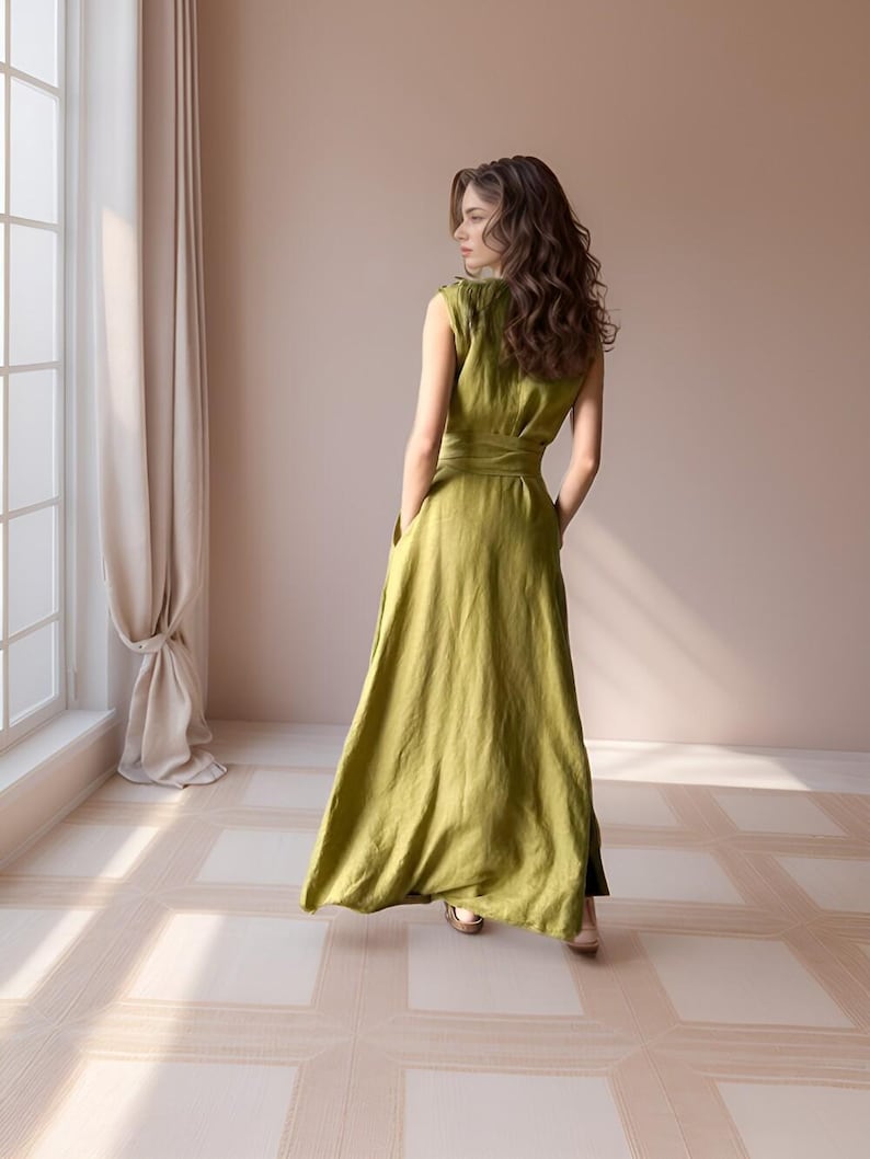 Sleeveless Linen Kaftan Wrap Dress, Fit and Flare Summer Maxi Dress, Flowy Linen Swing Dress for Women