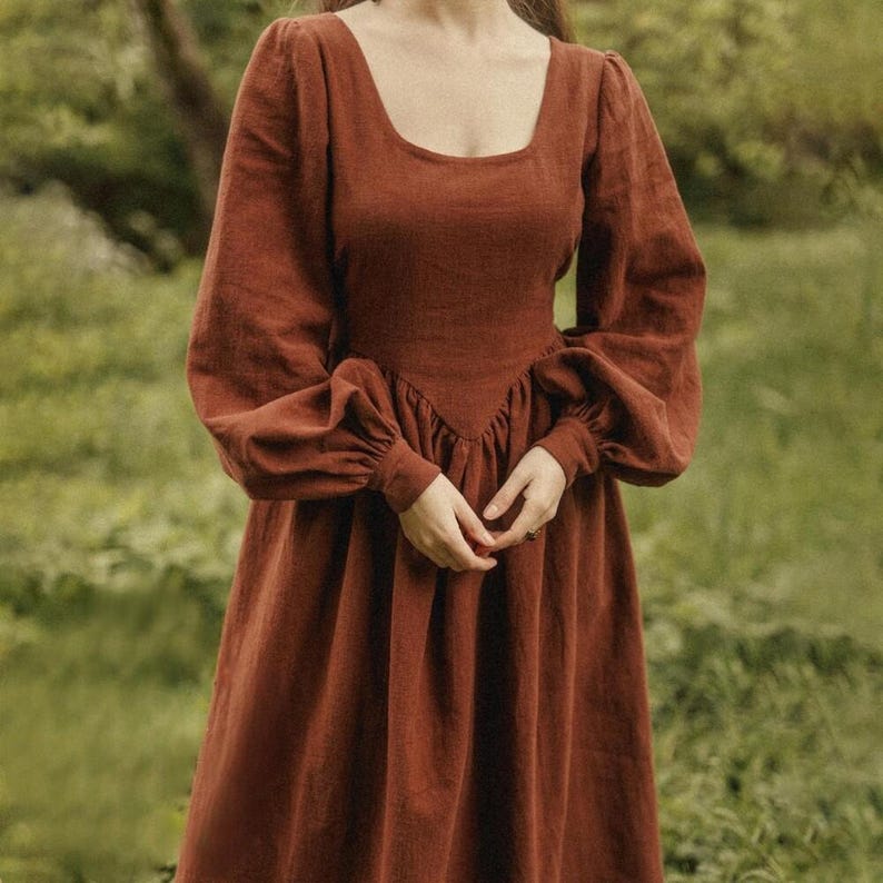 Long Sleeve Linen Maxi Dress, Modest Retro Vintage Fit And Flare Dress With Belt, Cottagecore Style