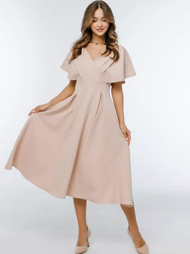 Midi Linen Wrap Dress, Puff Sleeve V Neck Dress, Elegant Summer Linen Dress, Comfortable and Feminine Casual Dress for Weddings & Events