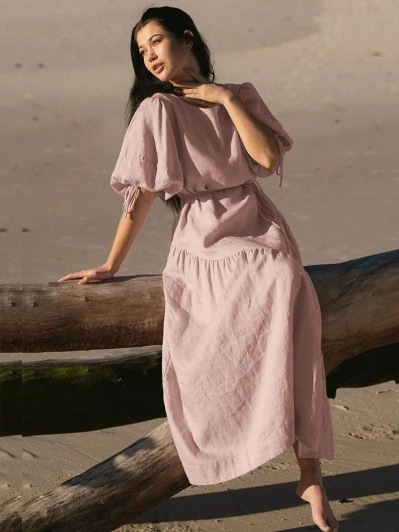 Elegant Linen Maxi Dress with Puff Sleeves and Drawstring Waist, Soft and Feminine Style