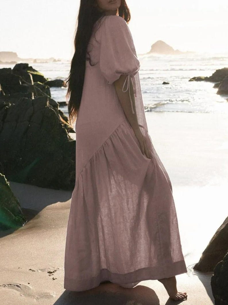 Elegant Linen Maxi Dress with Puff Sleeves and Drawstring Waist, Soft and Feminine Style