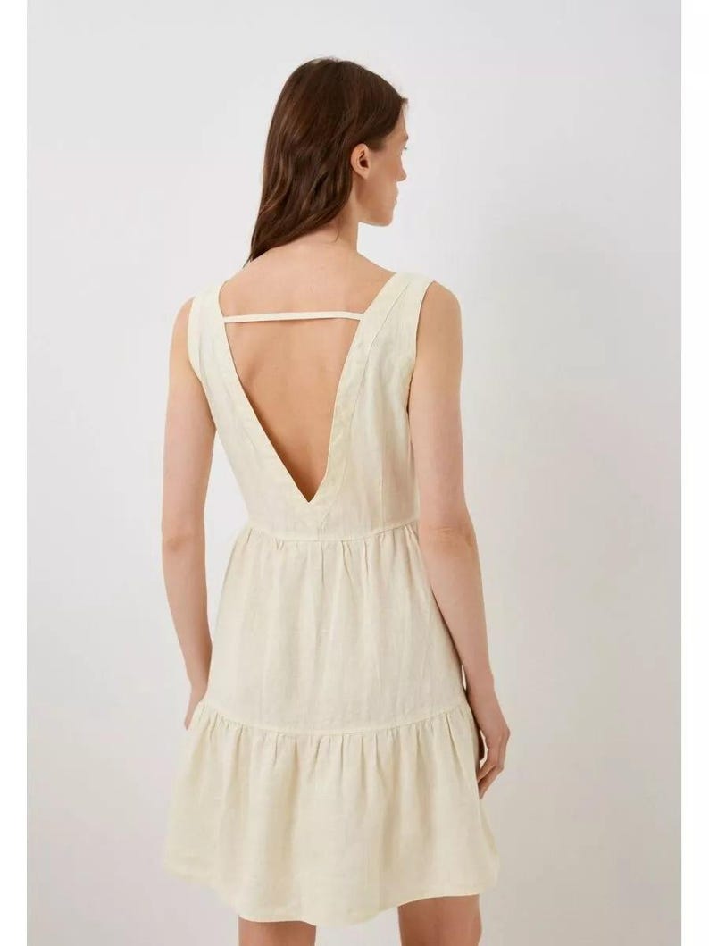 Elegant Linen V Neck Dress with Belt, Sleeveless Tiered Dress, Casual DreamMirth Elegant Linen V Neck Dress with Belt, Sleeveless Tiered Dress, Casual DreamMirth