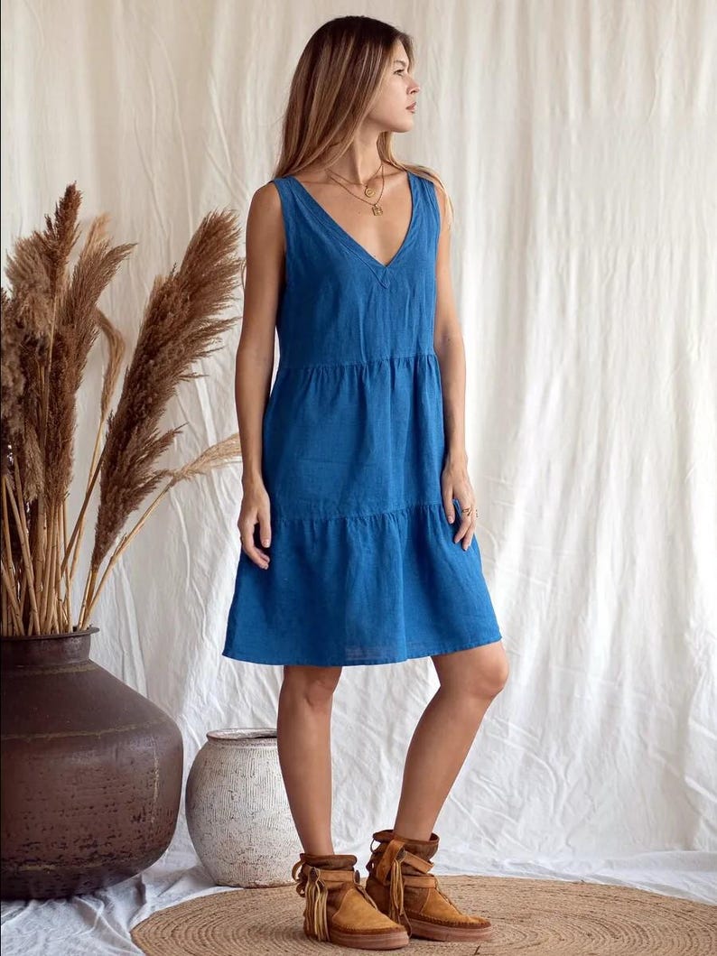 Elegant Linen V Neck Dress with Belt, Sleeveless Tiered Dress, Casual Summer Outfit, Boho Style