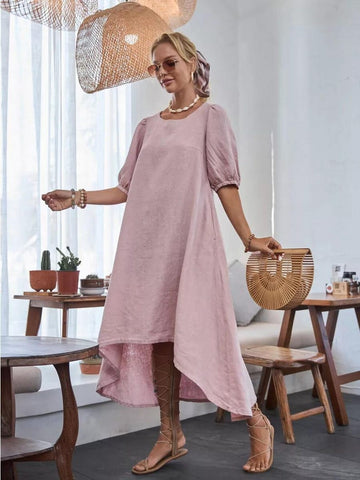 Linen Puff Sleeve Dress with Asymmetrical Hem, Linen Boho Dress, Trendy and Feminine Summer Look