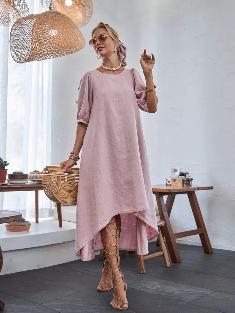 Linen Puff Sleeve Dress with Asymmetrical Hem, Linen Boho Dress, Trendy and Feminine Summer Look