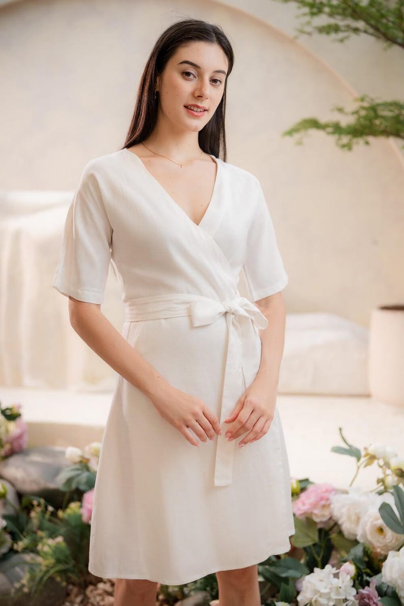 Linen Wrap Dress for Women, Summer Kimono Dress, Beach & Vacation Dress, Wedding Guest Midi, Organic Linen Clothing