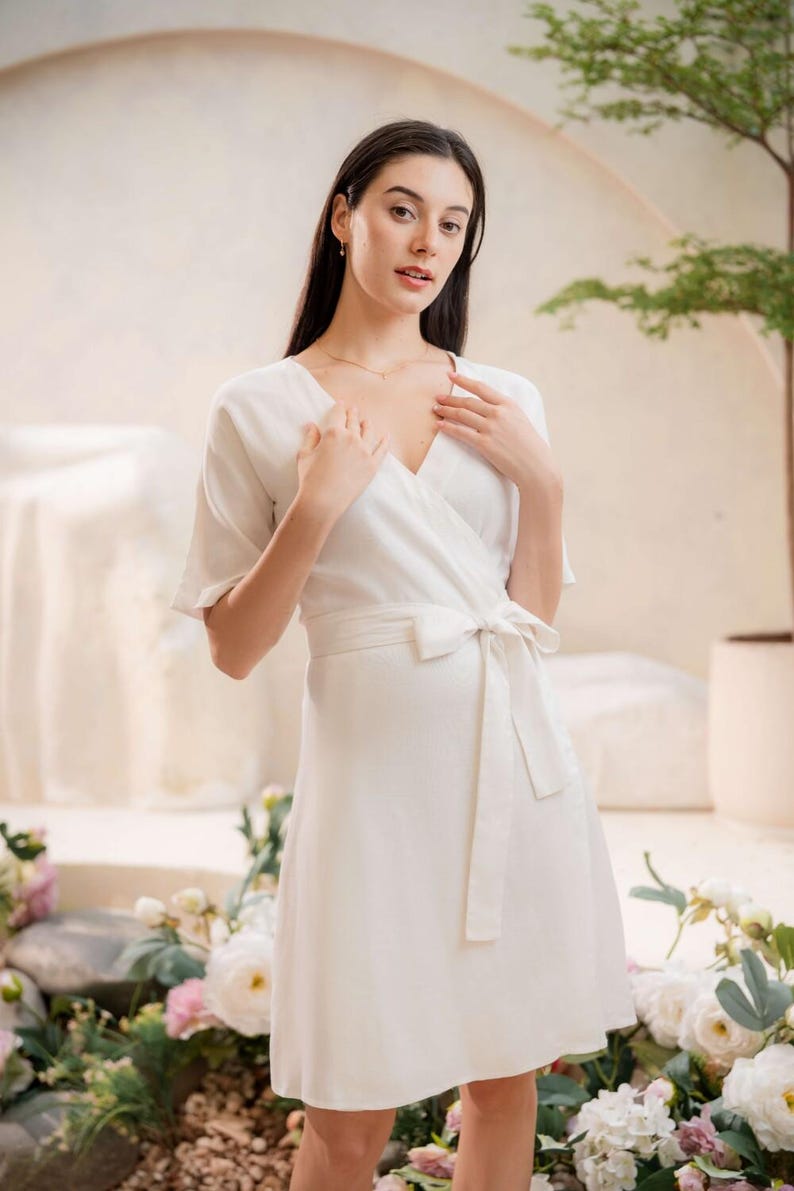 Linen Wrap Dress for Women, Summer Kimono Dress, Beach & Vacation Dress, Wedding Guest Midi, Organic Linen Clothing