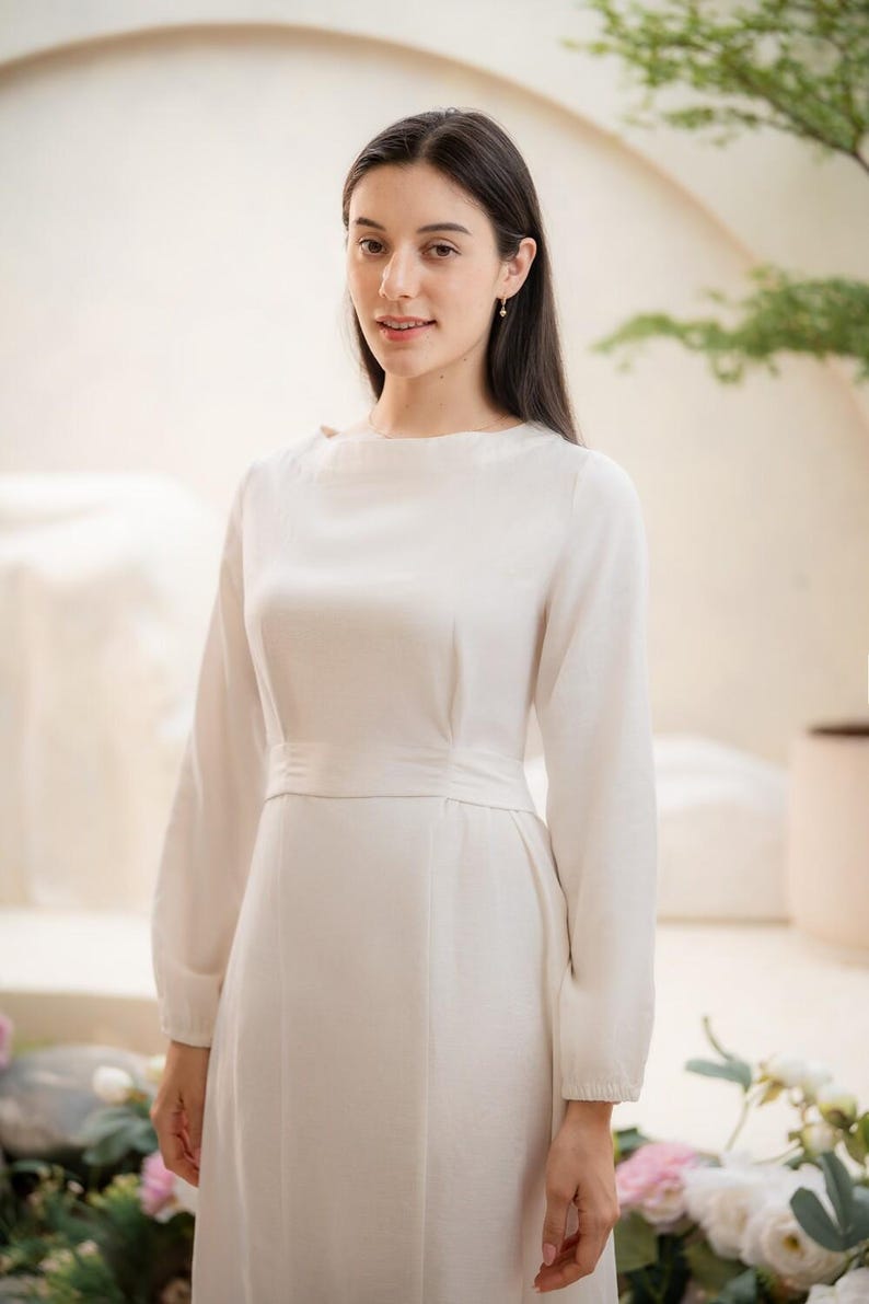 Linen Modest Dress, Swing Linen Maxi Dress, Long Sleeve Dress with Waist Belt, Retro Vintage Dress, Dress with Pockets