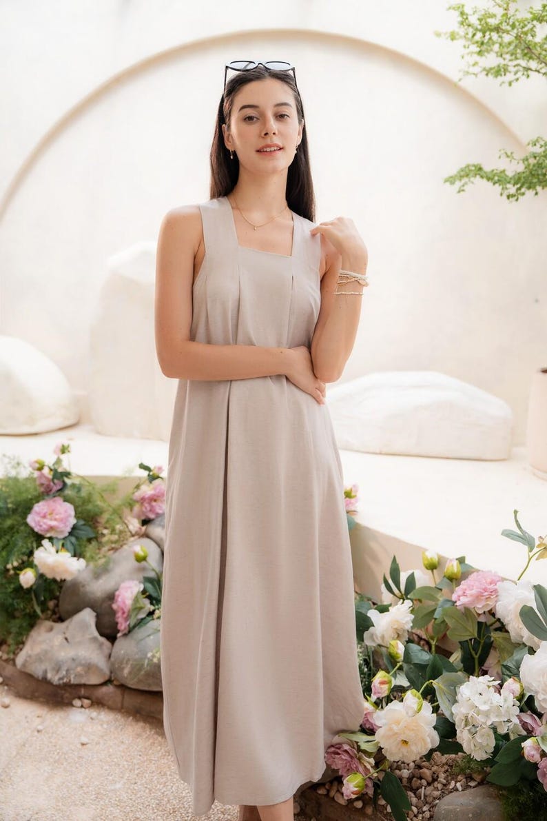 Women's Linen Dress, Loose Fitting Linen Maxi Dress, Minimalist Summer Dress, Origami Linen Dress
