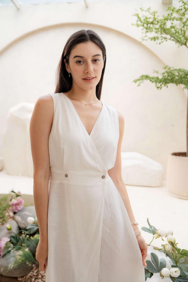 Linen Maxi Wrap Dress, Sleeveless Summer Dress, White Linen Gown, Boho Resort Dress, Minimalist Linen Outfit