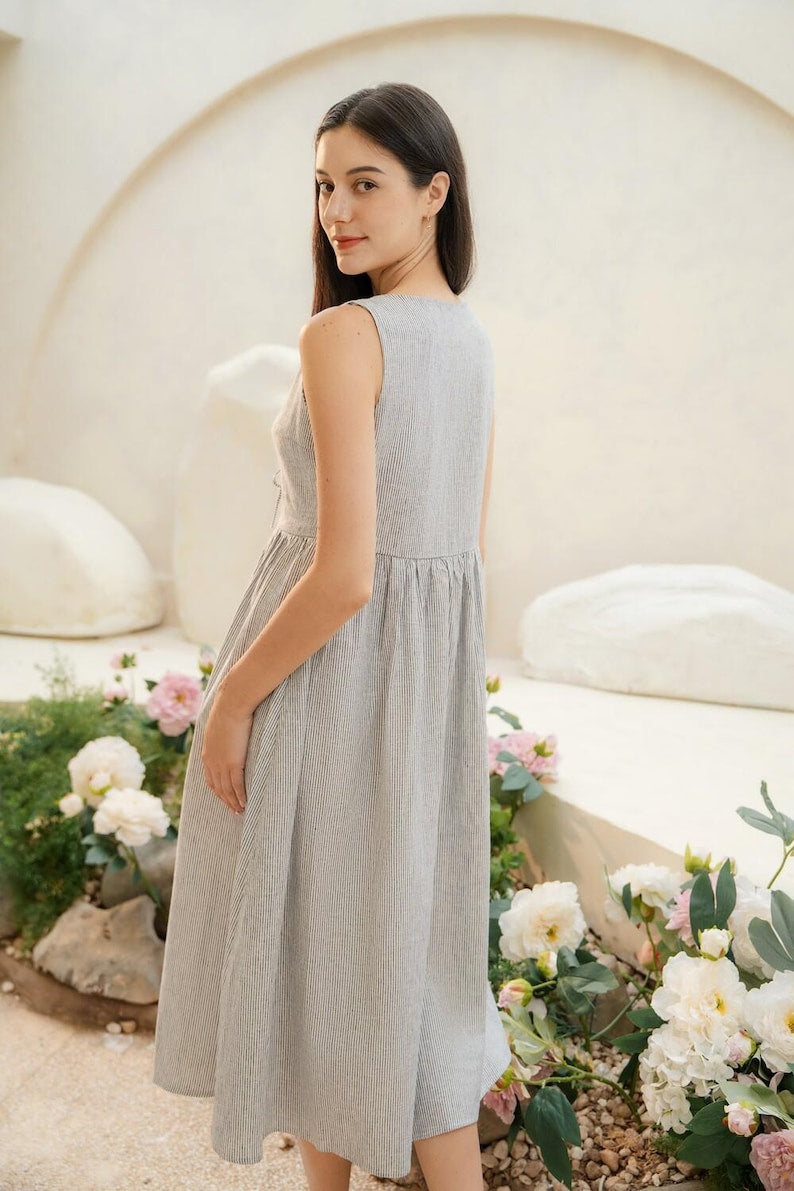 Sleeveless Linen Dress with Ties, Ruffled Skirt Linen Dress, Summer Linen Dress, Women’s Linen Clothing