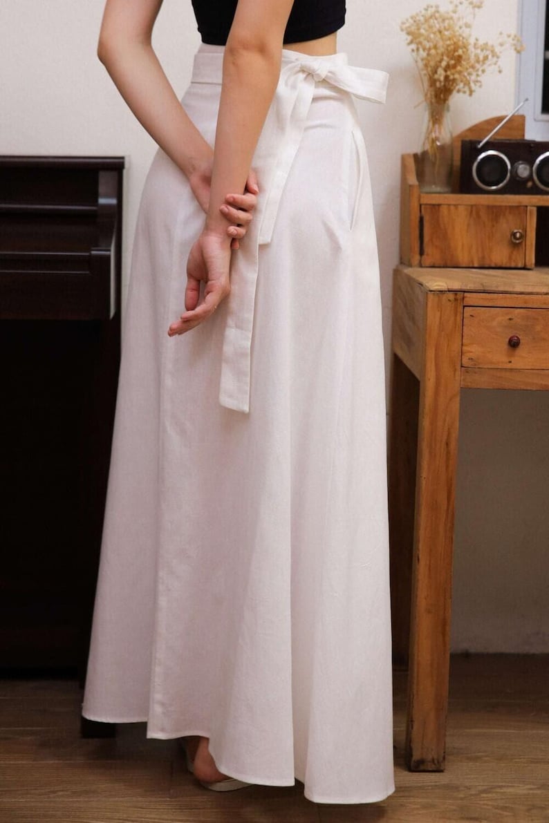 Wrap Linen Maxi Skirt with Pockets, Summer High Waist Skirt, Long Flowy Flax Skirt for Women