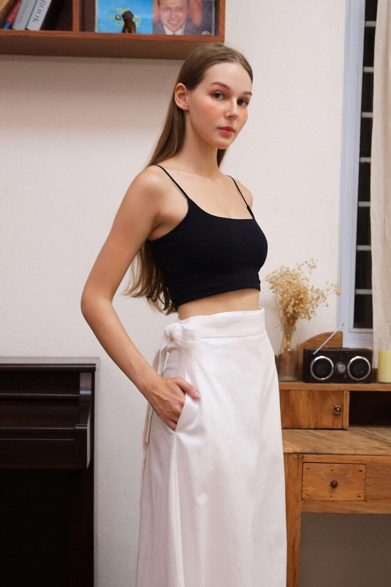 Wrap Linen Maxi Skirt with Pockets, Summer High Waist Skirt, Long Flowy Flax Skirt for Women
