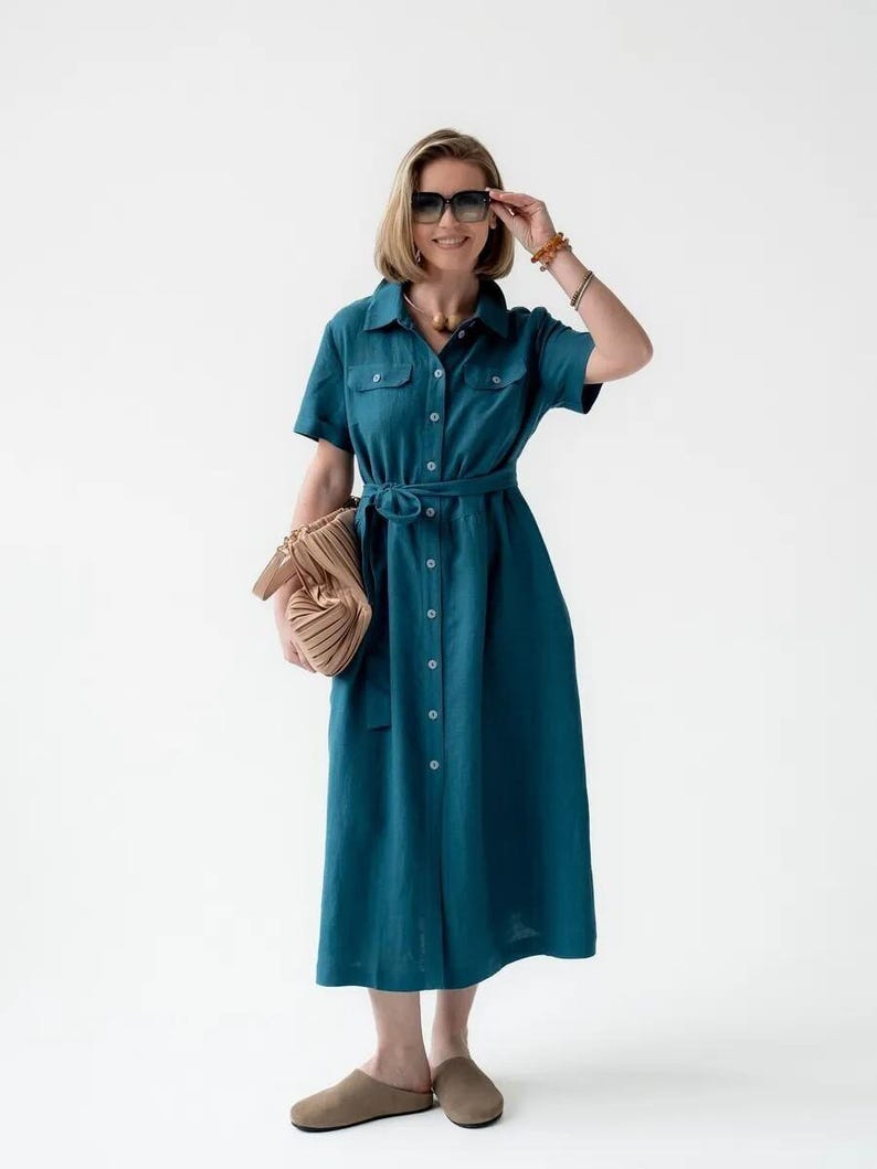 Linen Shirt Dress with Pockets, Casual Short Sleeve Dress, Summer Linen Dress for Women, Lightweight Breathable Linen Dress